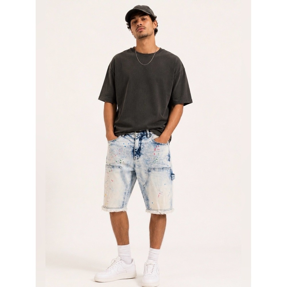 Men's 30 Carpenter Shorts Acid Wash Paint Splatter Streetwear Jorts - Decibel